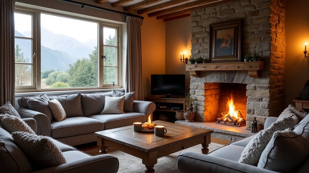 Cosy Lake District Airbnb living room with log burner and mountain views