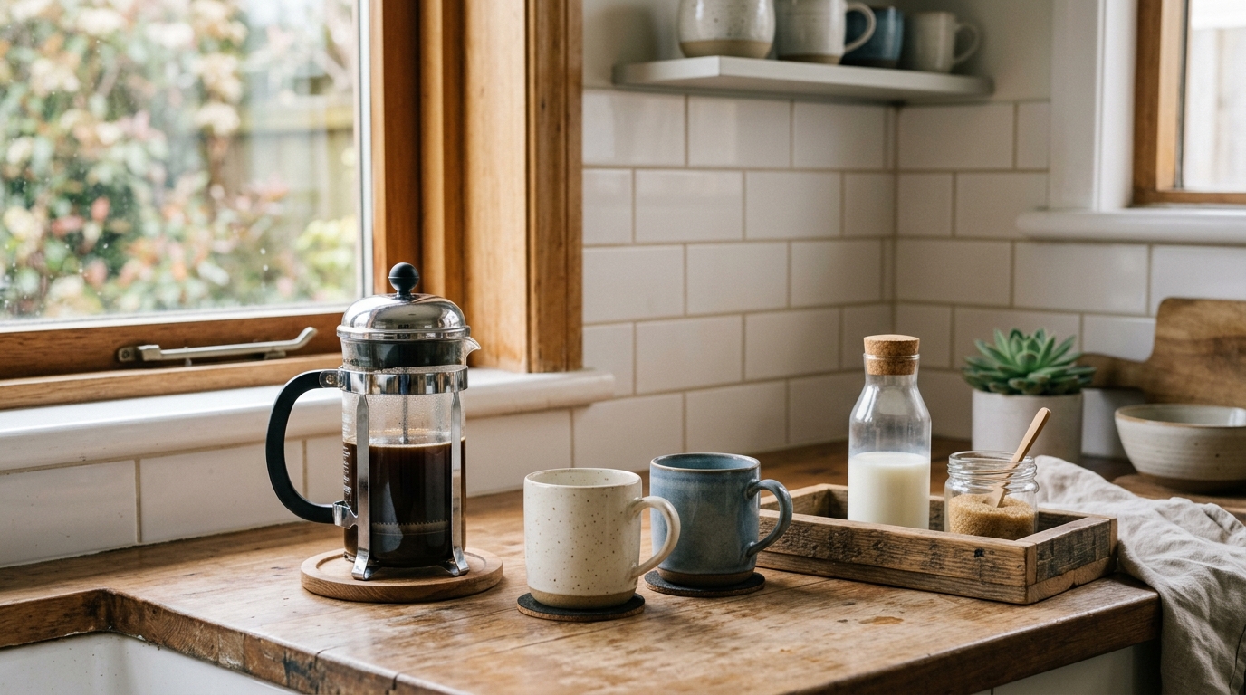 Coffee station setup with French press in modern Airbnb kitchen
