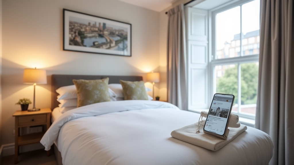 Professional Airbnb bedroom photography with smartphone showing listing
