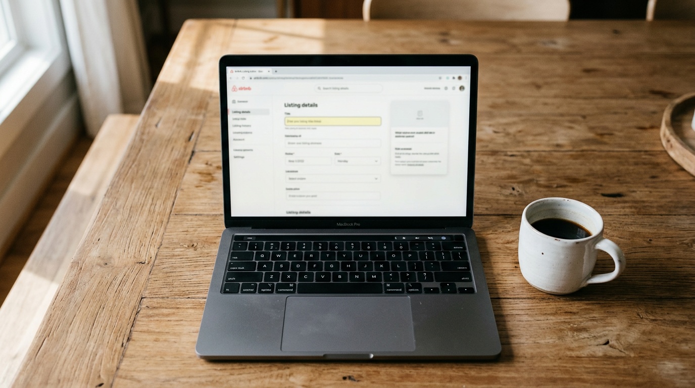 Laptop showing Airbnb listing title editor on wooden table