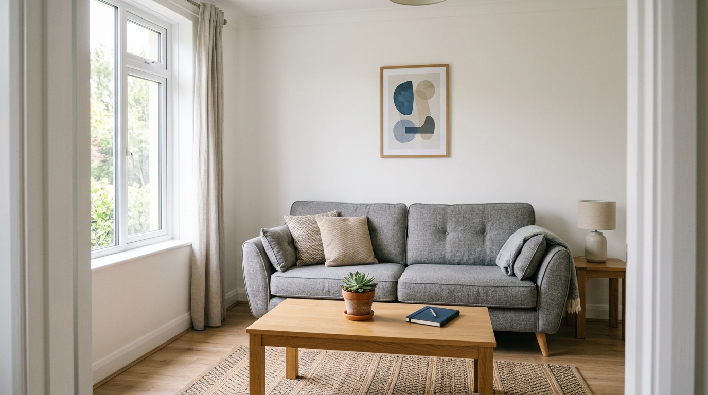 Modern Airbnb living room with sofa and natural light