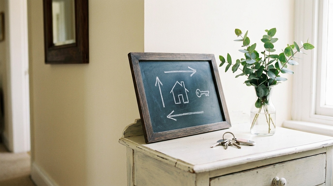 Welcome sign and keys on hallway console table in Airbnb