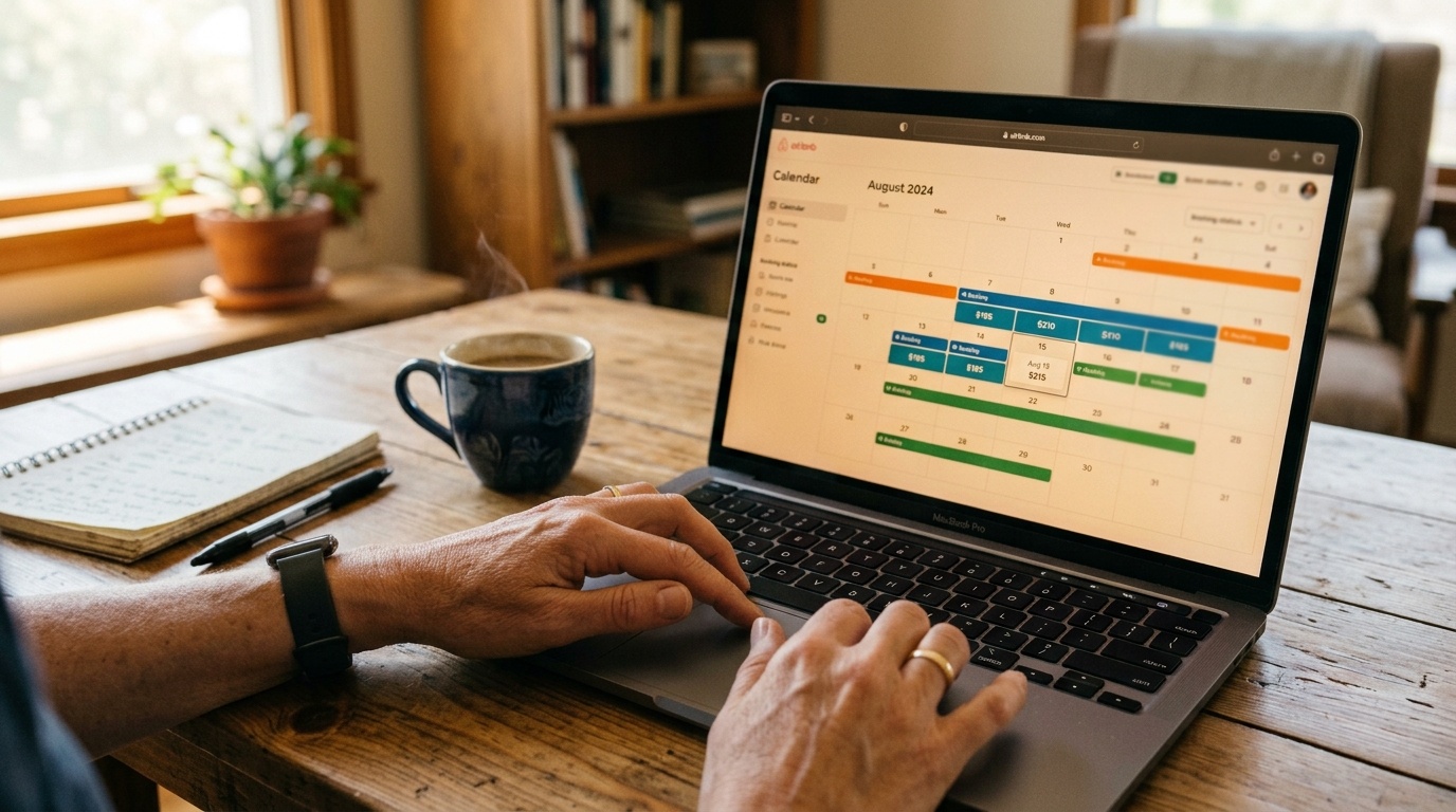 Host reviewing August Airbnb pricing calendar on laptop