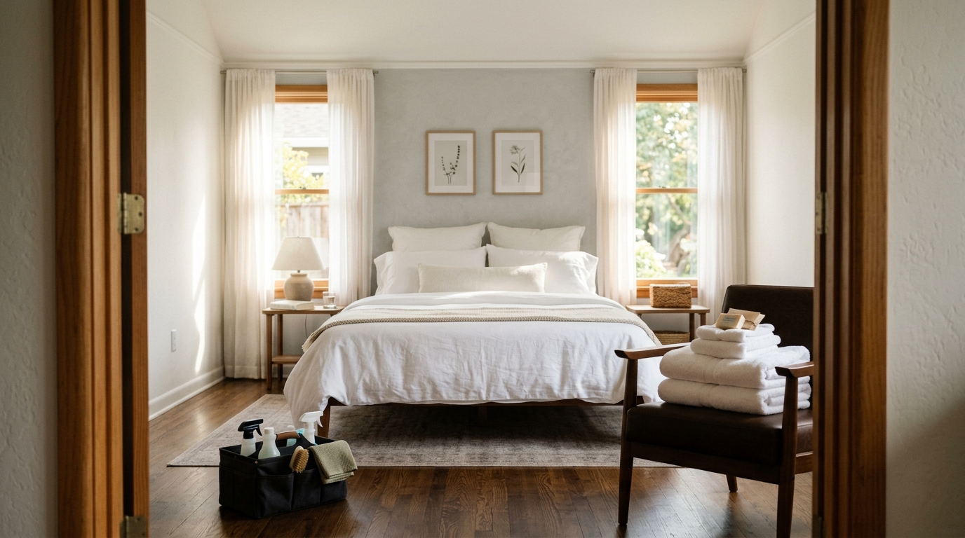 Changeover day in one of our Airbnb listings, fresh bedding and towels ready for the next guest