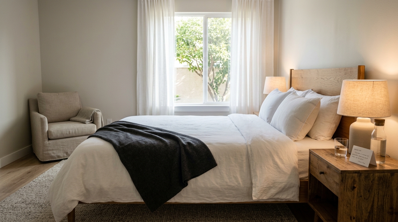 Modern Airbnb bedroom with made bed and welcome amenities