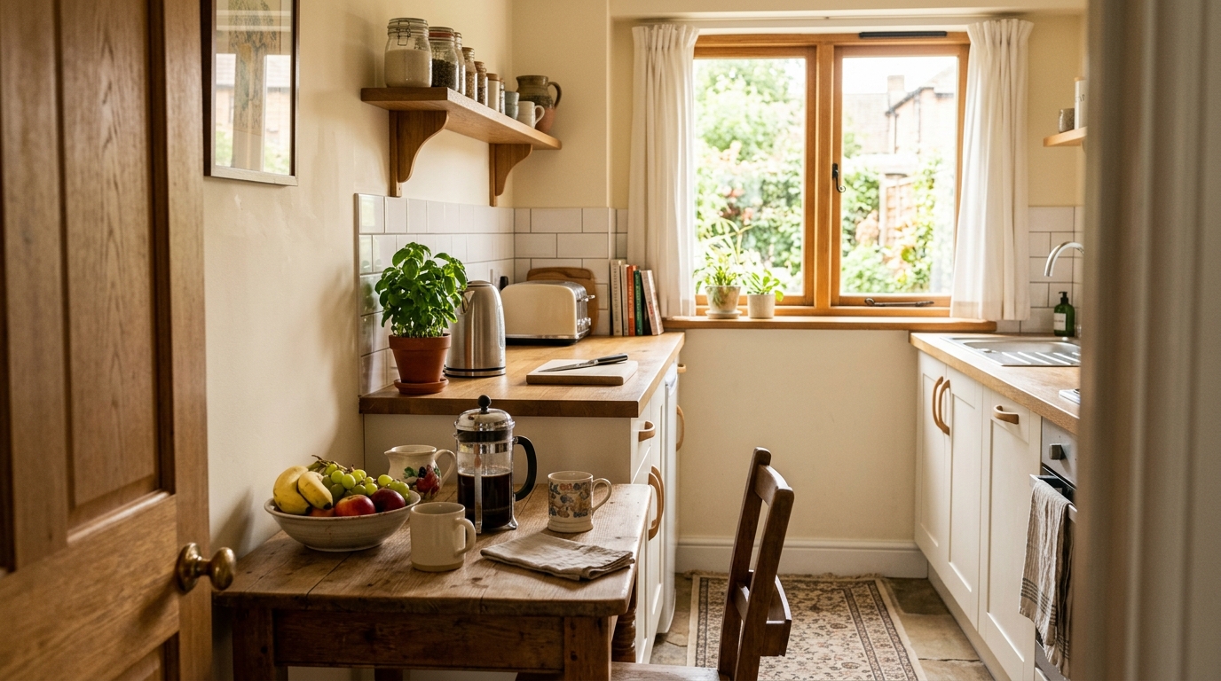 Airbnb kitchen with coffee maker and breakfast amenities