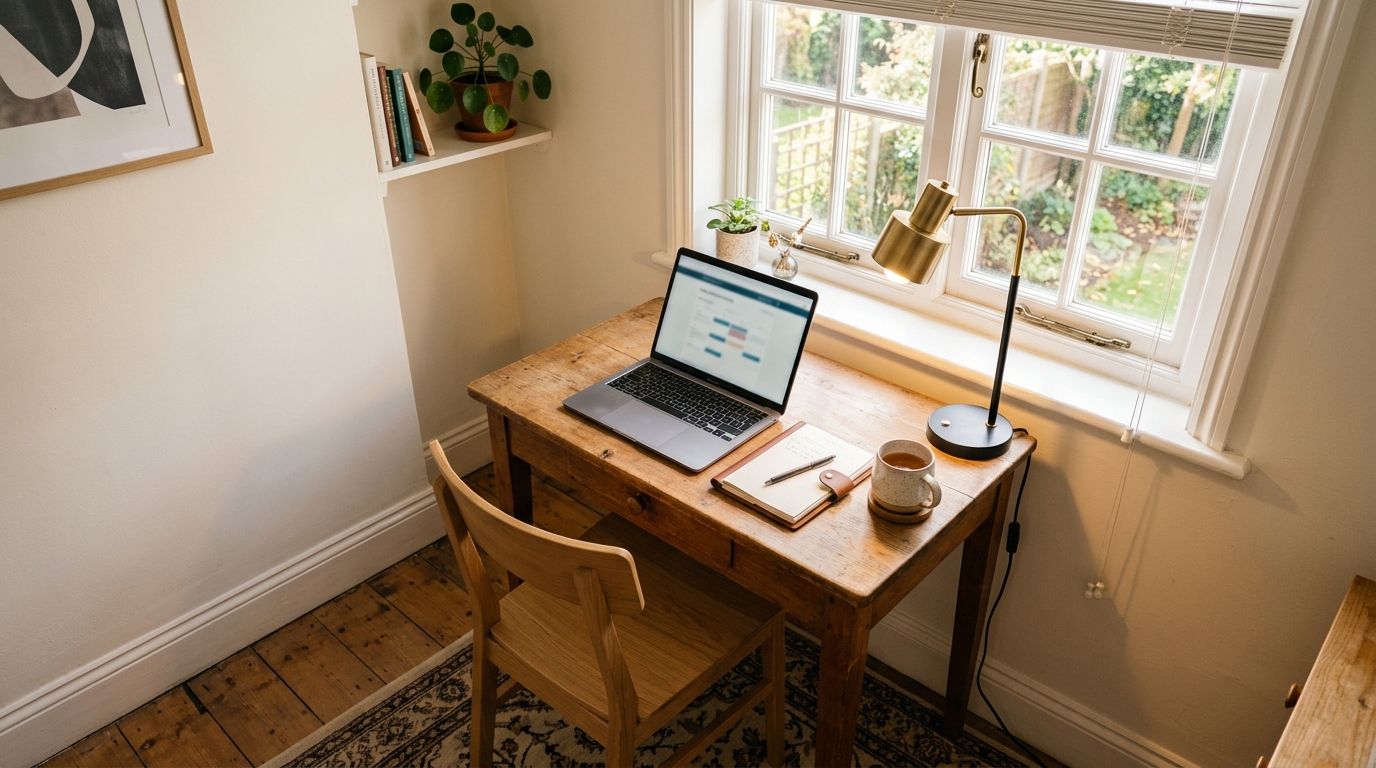 Dedicated workspace in Airbnb listing with desk and laptop