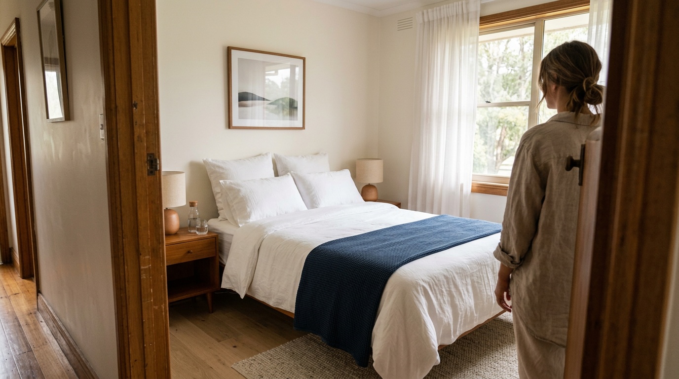 Neatly styled Airbnb bedroom with natural light