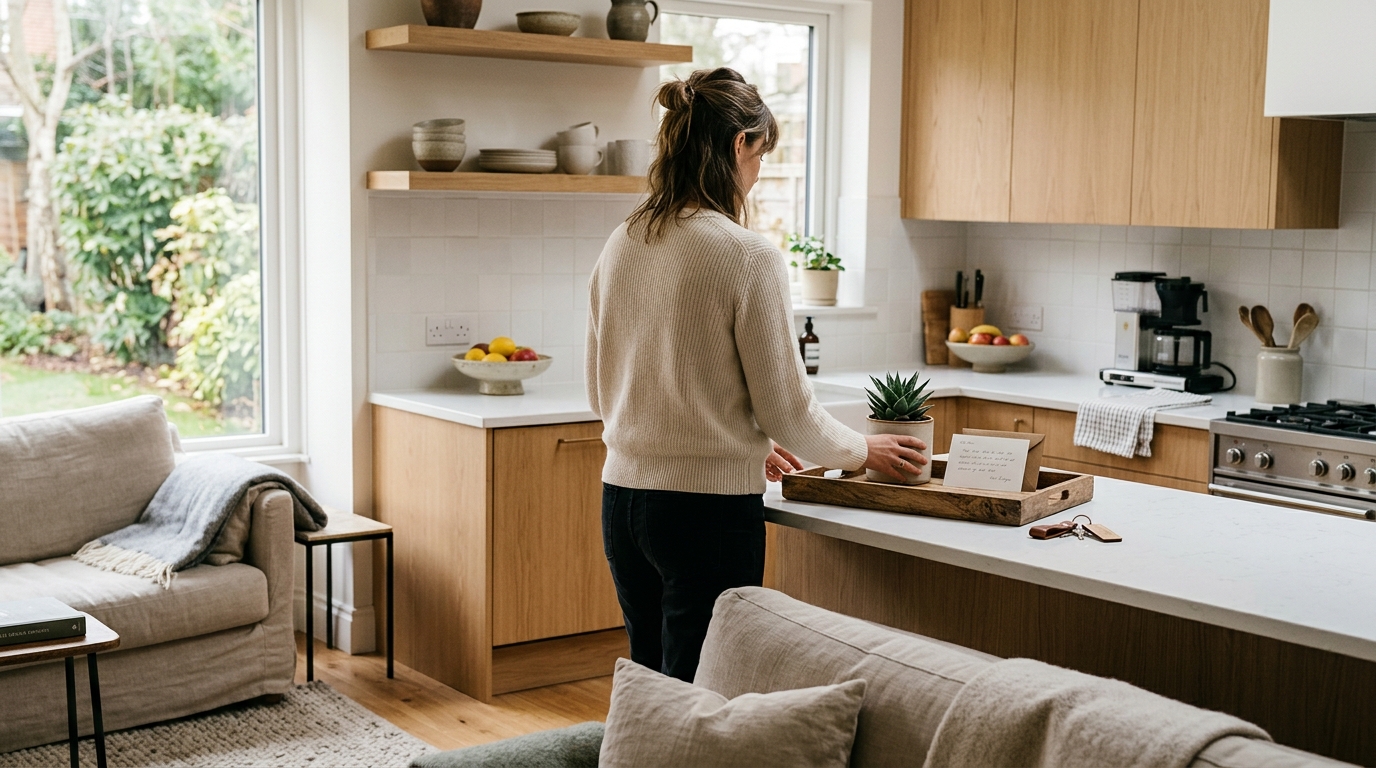 Host preparing a welcome tray in an Airbnb kitchen