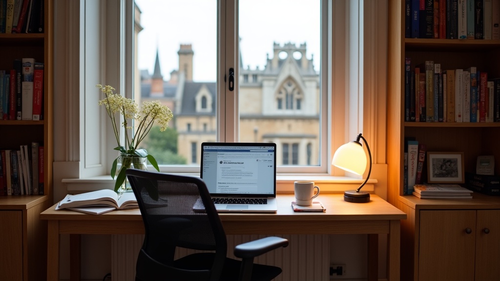 Academic workspace in Oxford Airbnb with desk and city views