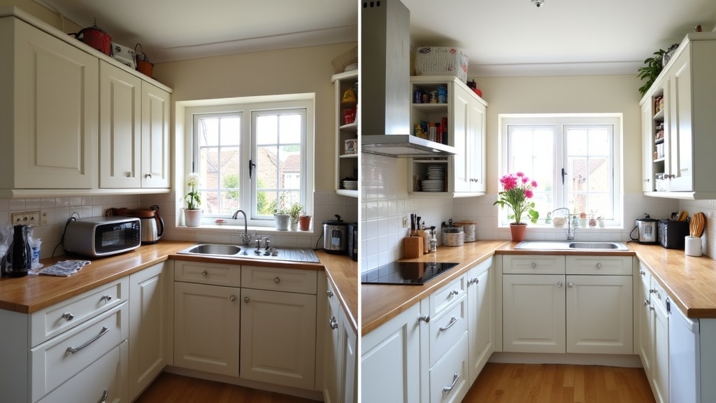 Kitchen staging transformation showing before and after professional styling