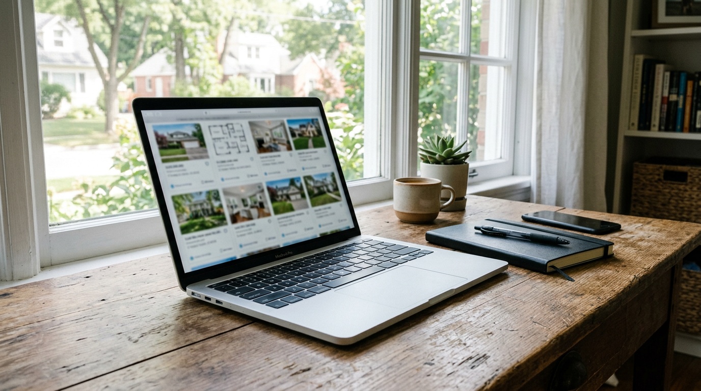 Laptop displaying Airbnb listing photo gallery for competitor analysis