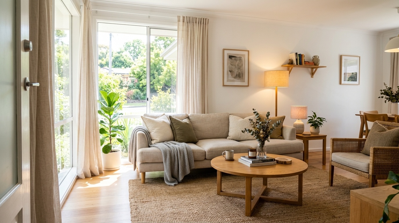 Bright Airbnb living room with natural light and multiple lamps