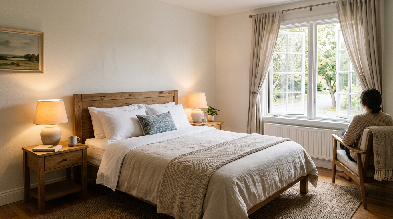 Airbnb bedroom with soft natural light and bedside lamps on
