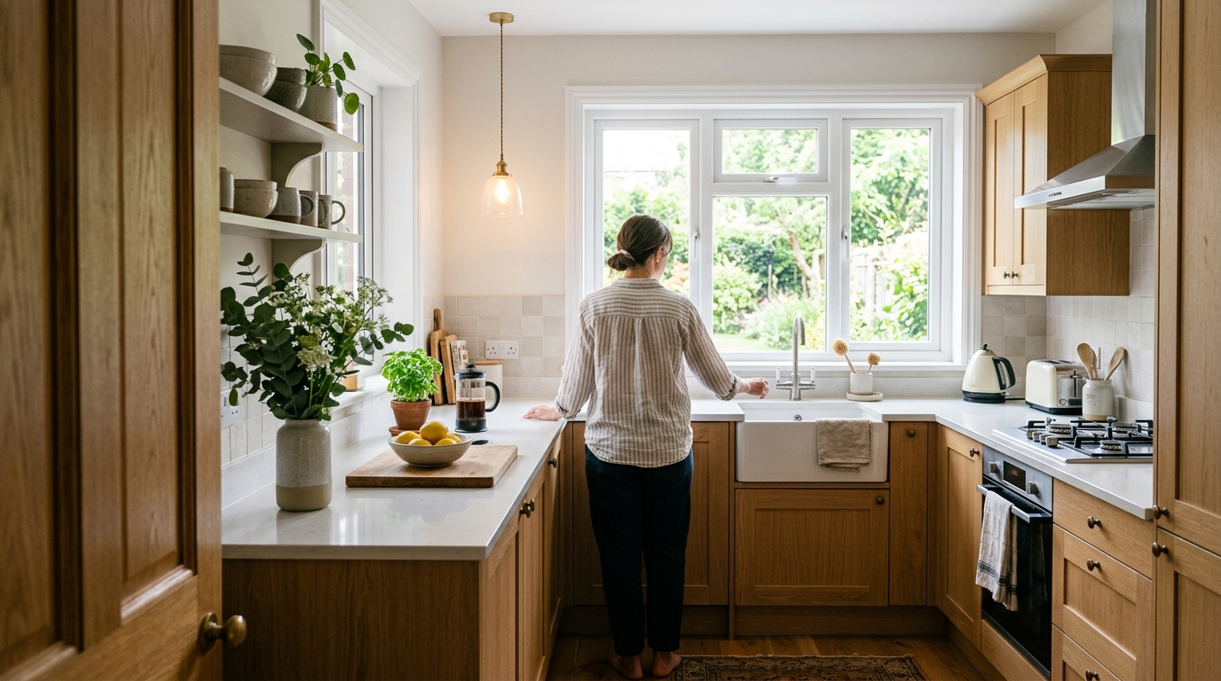 Well-lit Airbnb kitchen with natural light and supplementary lighting