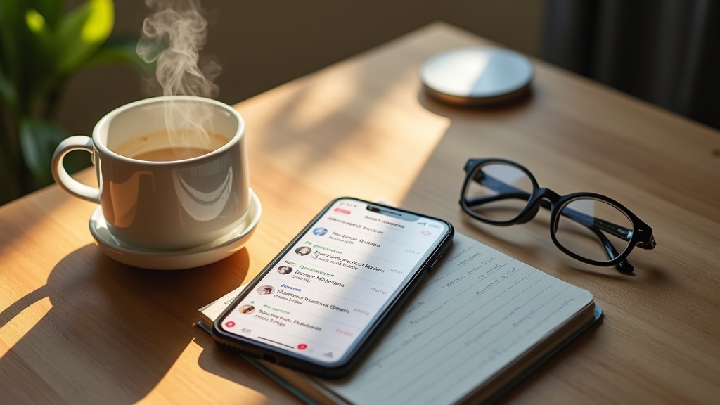 Smartphone showing Airbnb guest enquiries and messages on desk with coffee