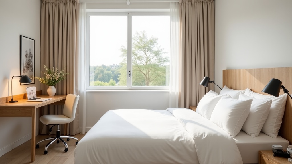 Modern Airbnb bedroom with workspace showing guest-focused amenities and design