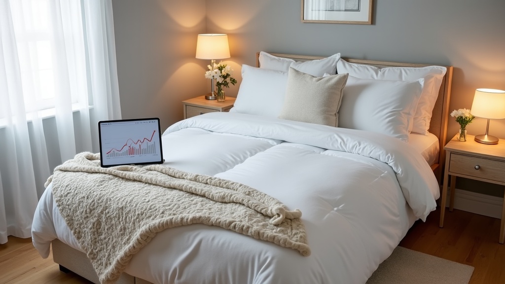 Optimised Airbnb bedroom with tablet showing revenue growth from pricing strategy