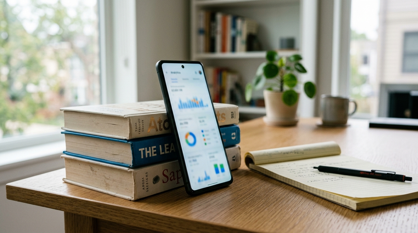 Smartphone displaying analytics dashboard on tidy desk