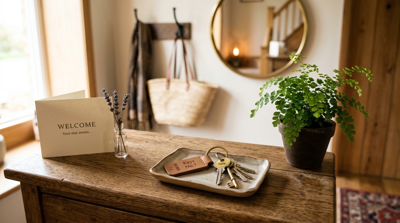 Welcome setup with keys in Airbnb rental entrance