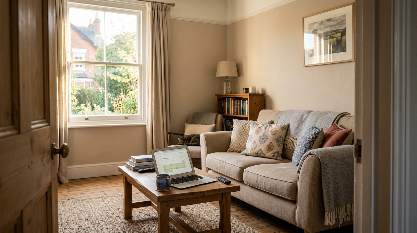 UK Airbnb living room with laptop showing pricing calendar
