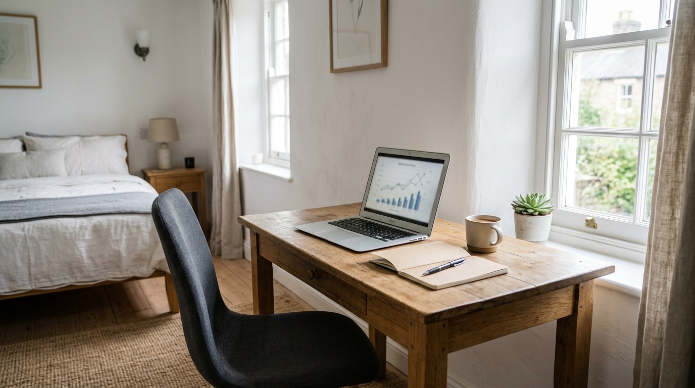 Airbnb workspace with laptop showing pricing analytics
