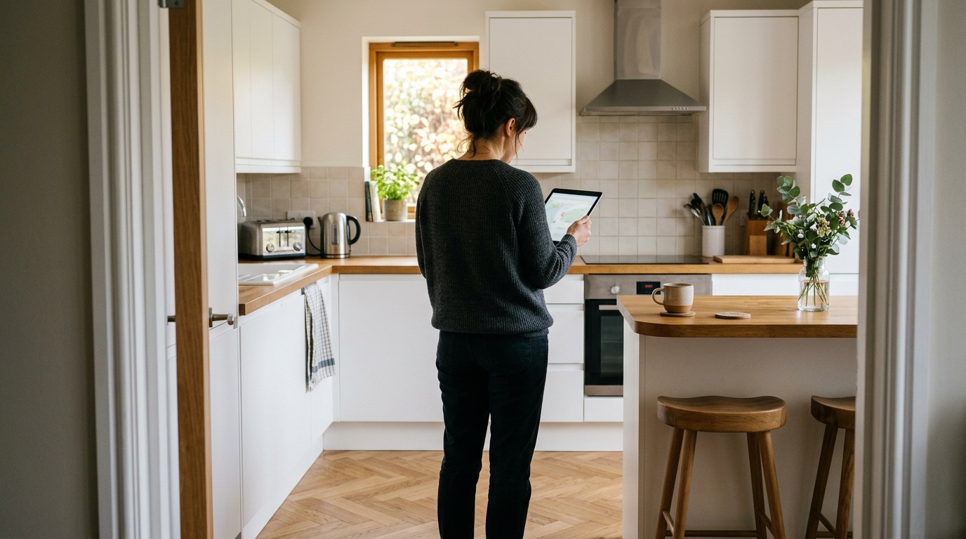 Airbnb host reviewing pricing tool on tablet in kitchen