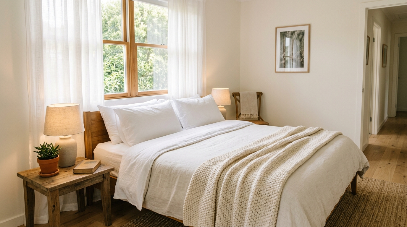 Clean and inviting Airbnb bedroom with fresh linen and natural light