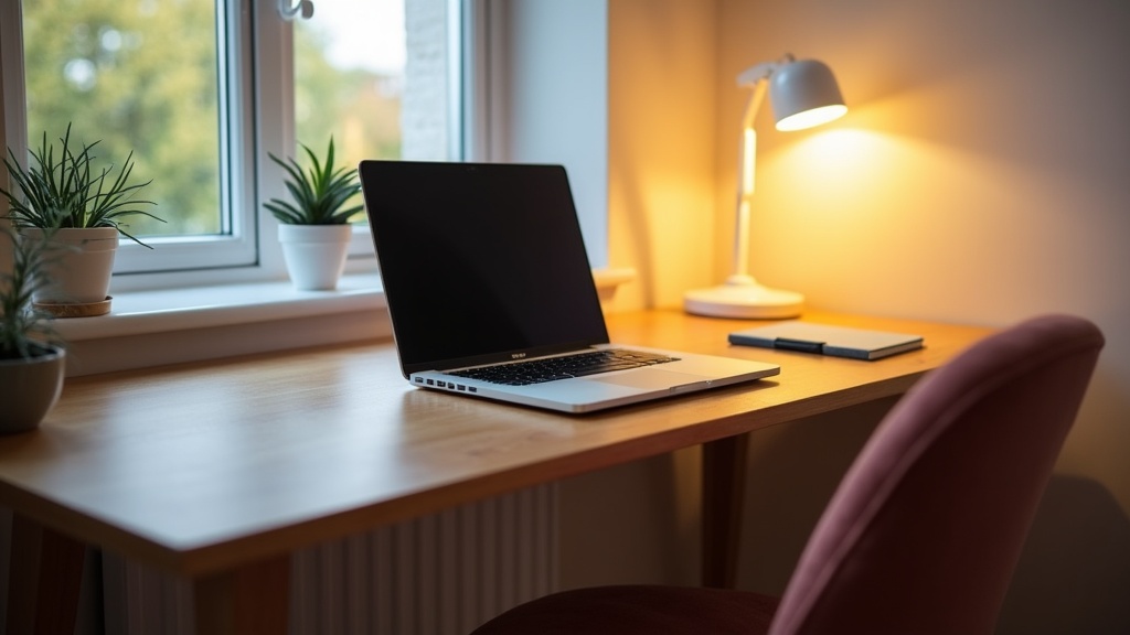Dedicated workspace in Airbnb with desk, chair, and laptop setup