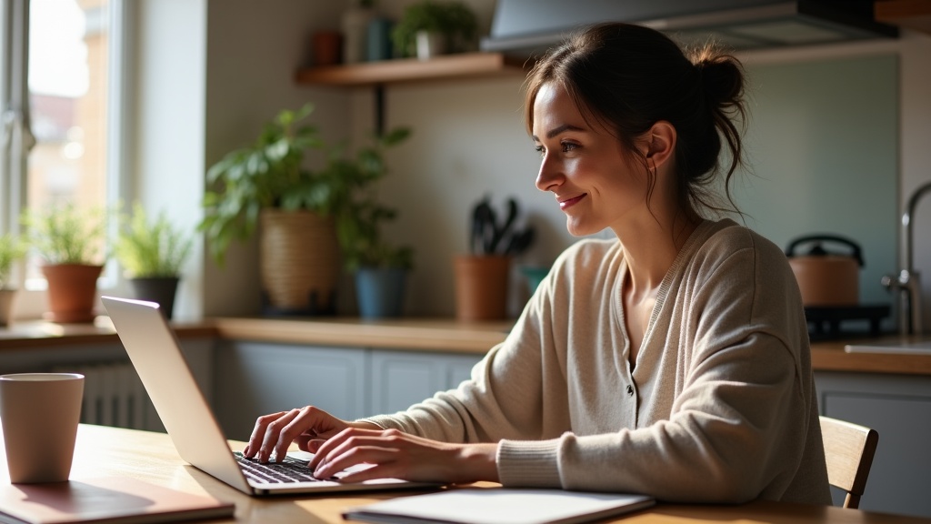 Airbnb host optimising their listing on laptop in modern kitchen