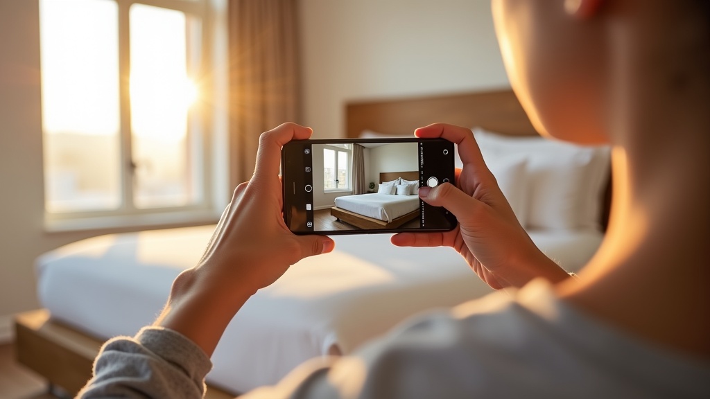 Host taking smartphone photos of Airbnb bedroom with natural lighting