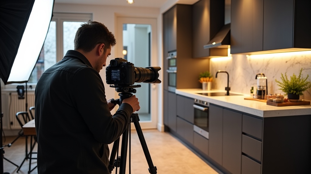 Professional photographer shooting luxury Airbnb kitchen with equipment