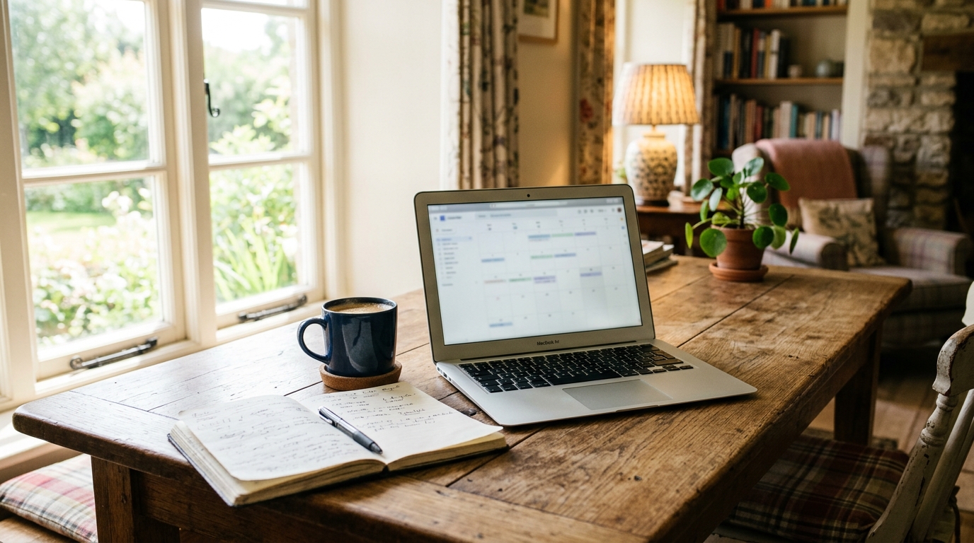 Host reviewing summer booking calendar on laptop at home