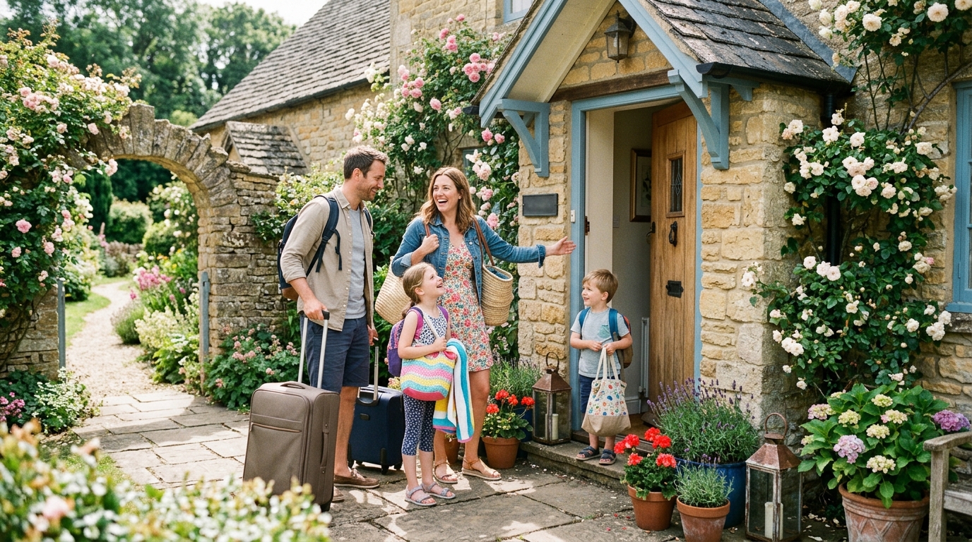 Family arriving at UK holiday rental cottage in summer