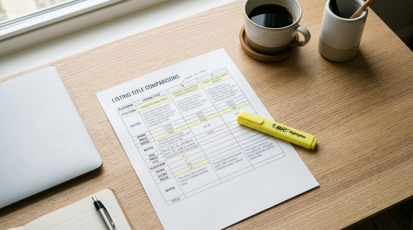 Workspace with Airbnb title comparison spreadsheet and analysis notes