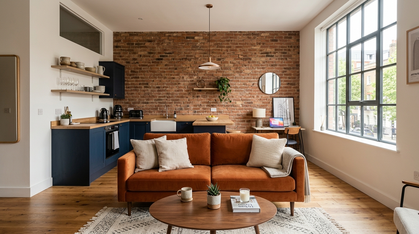 Modern studio apartment interior optimised for Airbnb search visibility