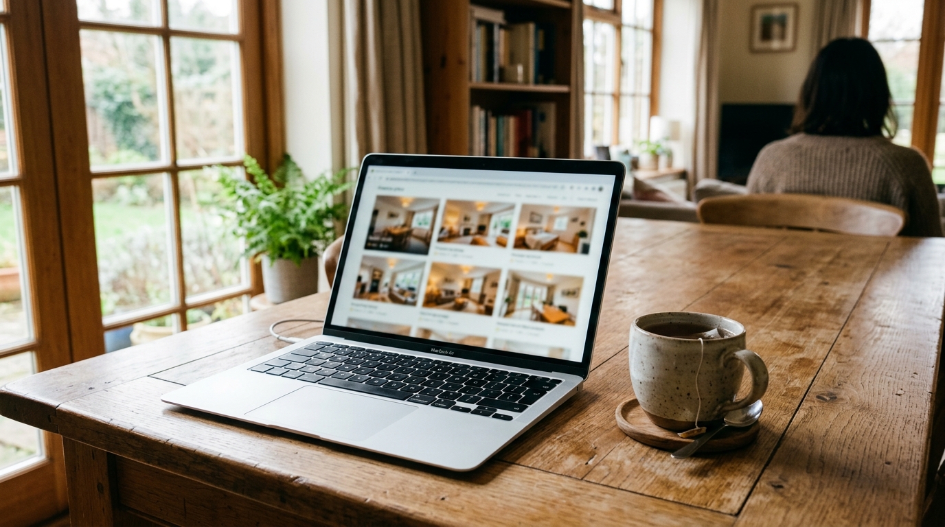 Laptop showing a grid of Airbnb listing photos on a tidy table