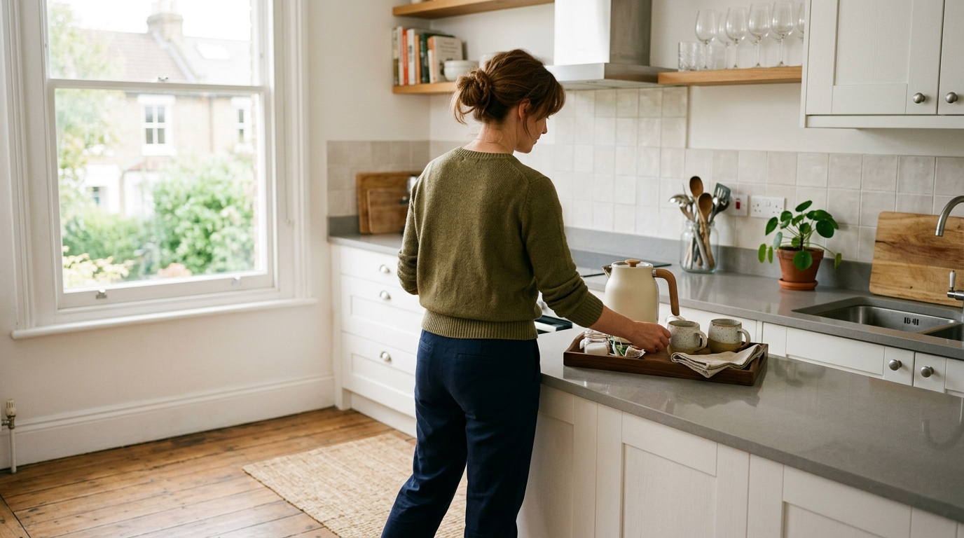 Host preparing a welcome tray in a bright, tidy kitchen