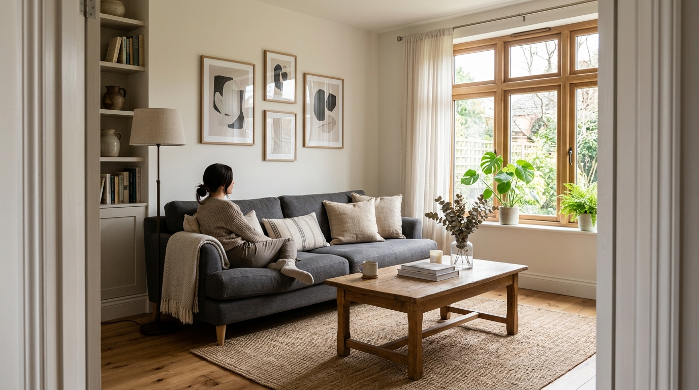 Bright Airbnb living room with professional photography showing trust and quality