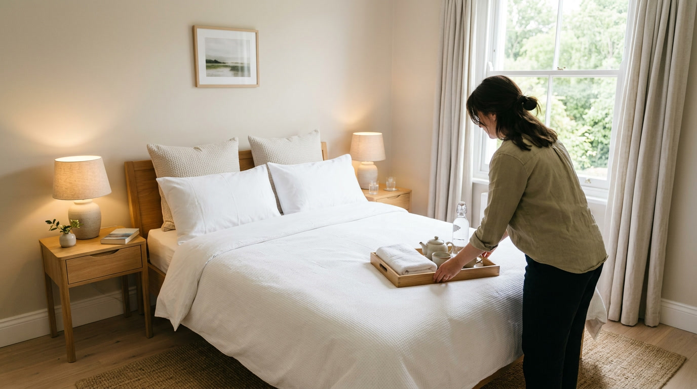 Airbnb host preparing a welcoming bedroom for guests to build trust