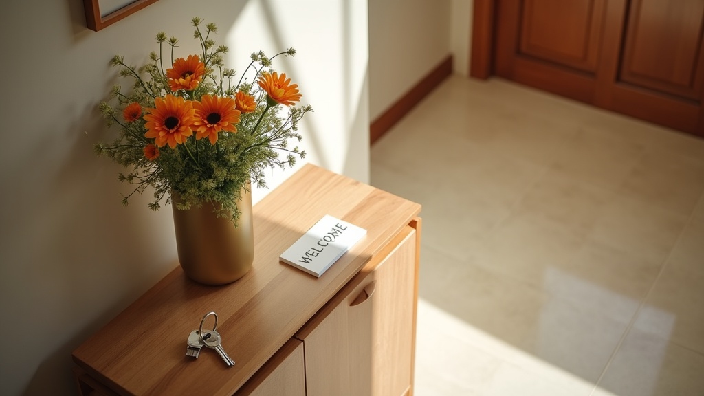 Styled entryway console with a welcome note and keys