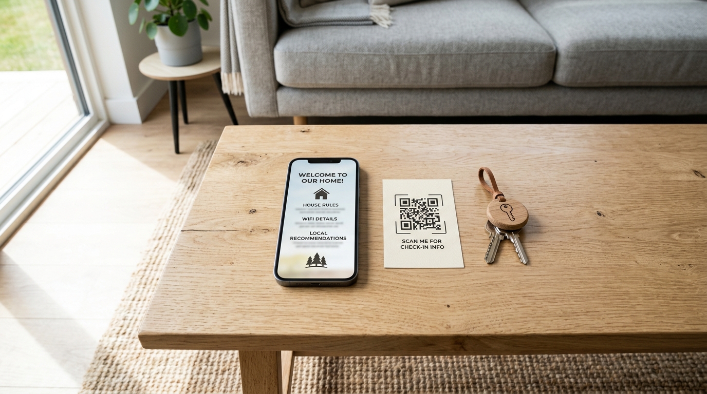 Smartphone displaying digital Airbnb welcome book next to QR code card and keys on coffee table