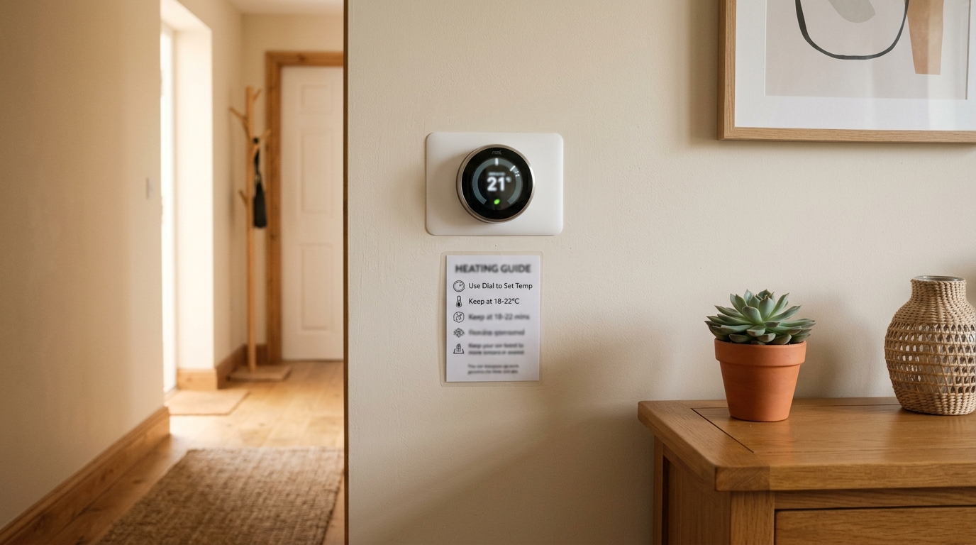 Heating thermostat with instruction card in Airbnb hallway