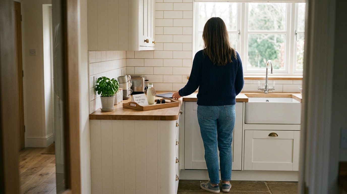 Airbnb host preparing welcome tray and guidebook in modern kitchen