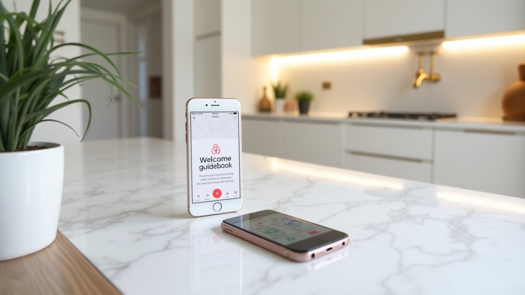 Digital welcome book displayed on smartphone in Airbnb kitchen