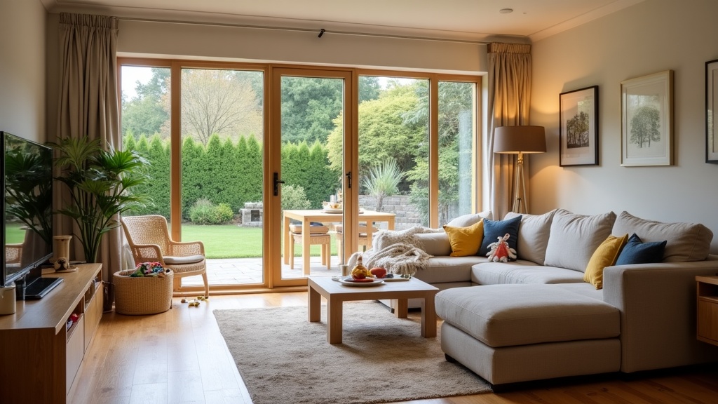 Family-friendly Airbnb house interior with garden views