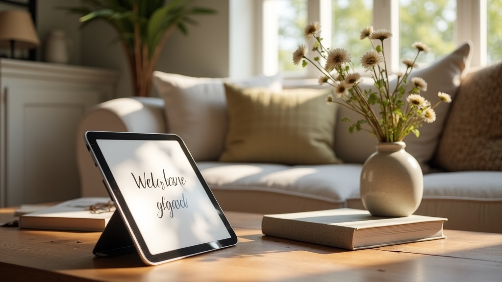 Welcoming UK Airbnb interior with digital house manual displayed
