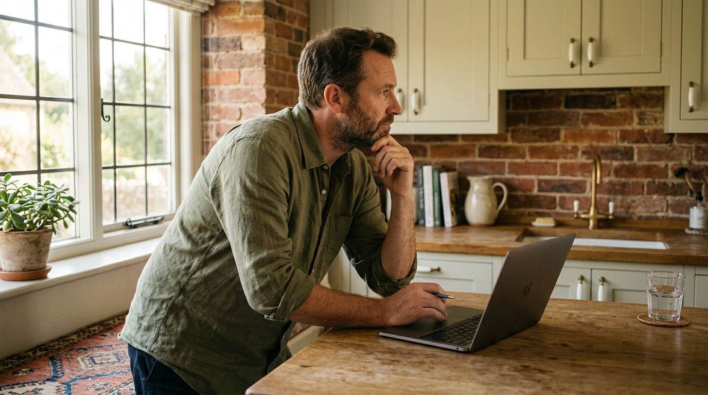 A short-let host pausing at a kitchen worktop beside an open laptop in a British holiday rental
