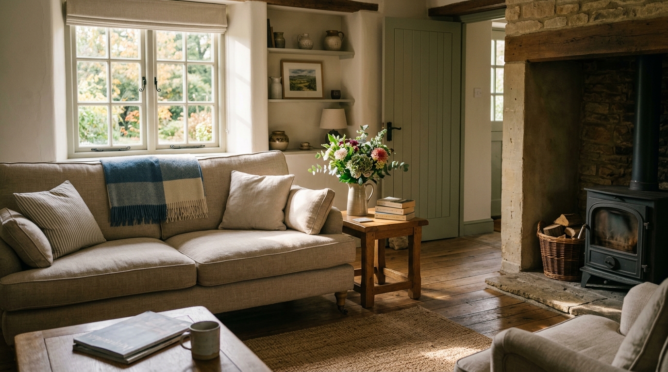 Sunlight falling across the living room of a tidy British holiday cottage in the late afternoon