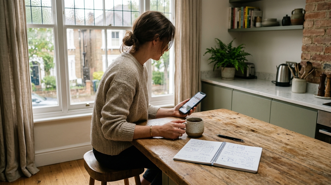Host checking a phone at a kitchen counter in a British flat